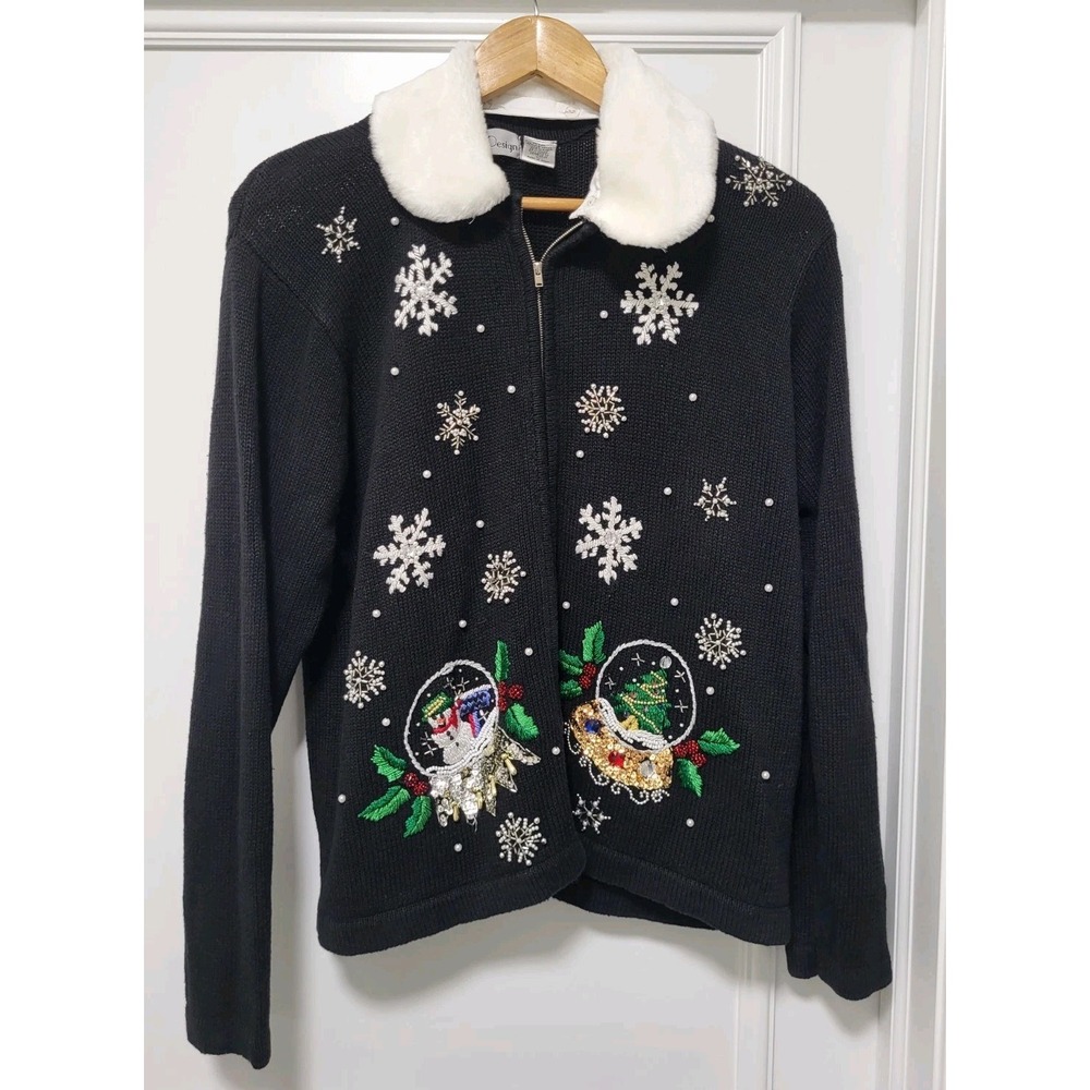 Vtg B P Designs Holiday Snowglobe Beaded Embroidered Zip Cardigan Sweater L